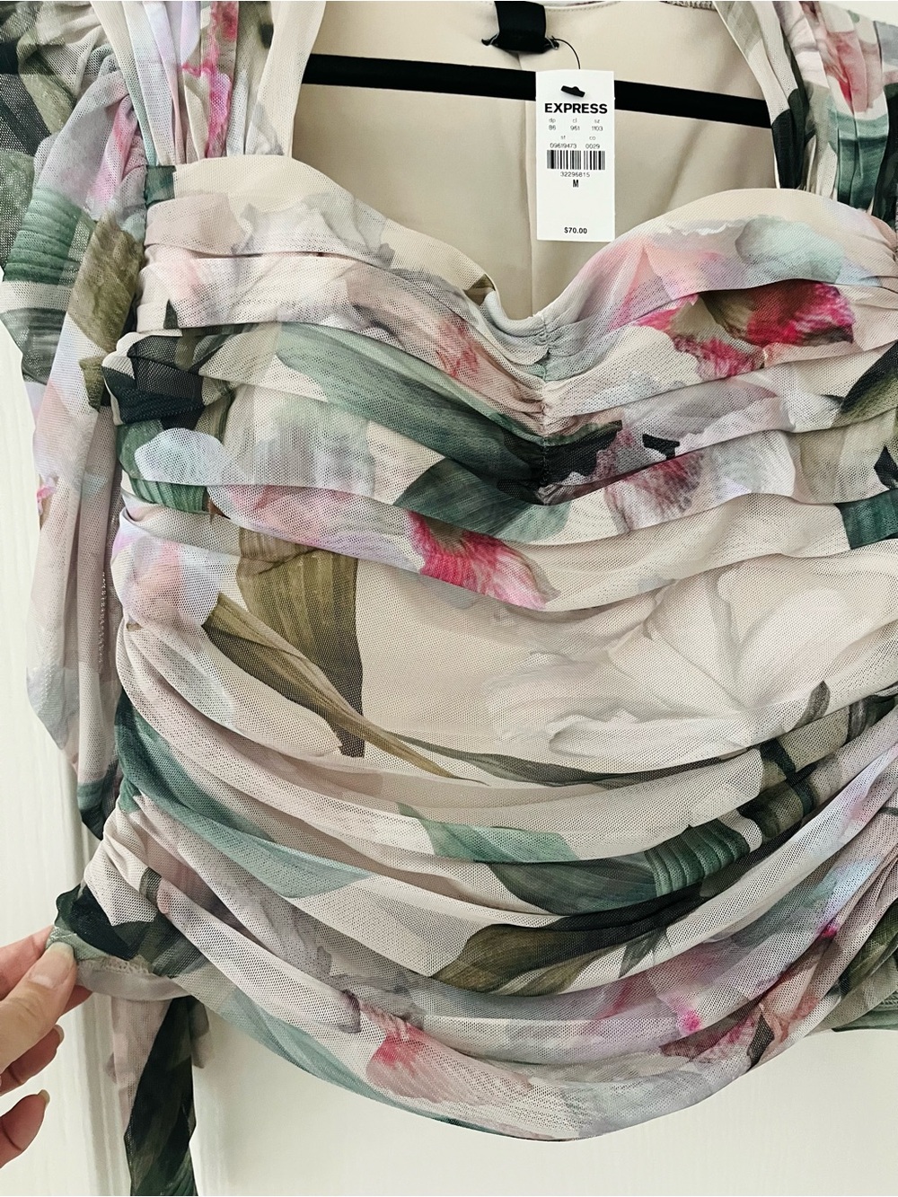 NWT Express Floral Ruched Sheer Top - Cream, Pink, Green - Picture 2 of 5